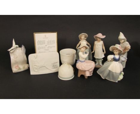 A Lladro figure of a girl holding a chicken, a further Lladro Daisa figure of a girl in a hat, three Nao figures of girls and