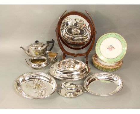 A small quantity of silver plate including four piece Georgian style half fluted tea service, two lidded entree dishes, a toa