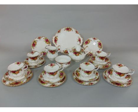 A collection of Royal Albert Old Country Roses pattern teawares comprising teapot, cake plate, milk jug, sugar bowl, six cups