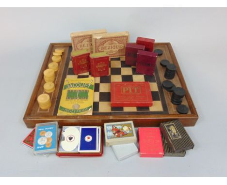 Collection of vintage games including folding draughts/backgammon set, PIT card game, Cincinnati Game Company Poems, Fraction