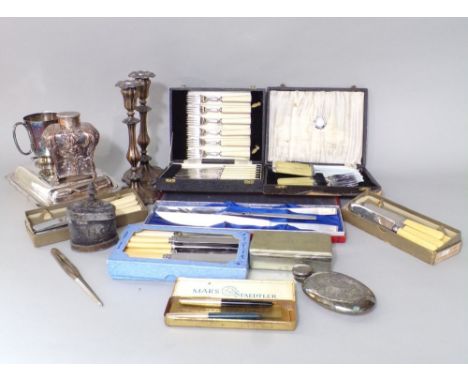 A collection of silver plated items to include an interesting silver plated hip flask, Sheffield plated bombe tea caddy embos