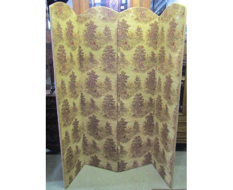 A floorstanding four fold screen of arched form with machine woven tapestry panels of  huntsman and fisherman in landscape se
