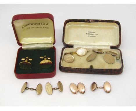 Pair of 10ct cufflinks engraved with initials and '1913', 5.1g; together with a silver engine turned pair and three further c