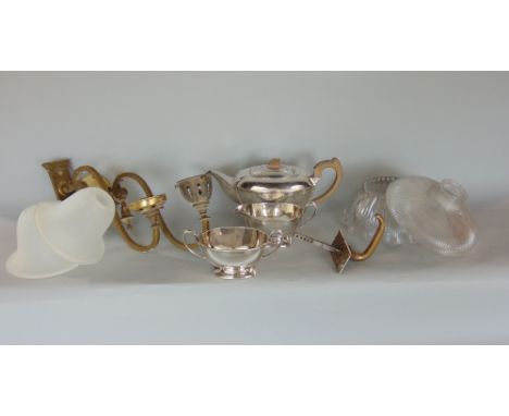 Good quality Ratray &amp; Co art deco three piece silver plated tea service, together with various deco light fittings (10)