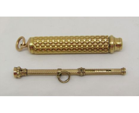 18ct propelling pencil with engine turned diaper decoration, inscribed 'Beasley &amp; Beasley', 22.3g (spout vacant), togethe