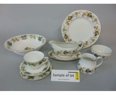 A collection of Royal Worcester Hop pattern wares comprising milk jug, sugar bowl, cake plate, six cups, six saucers and six 