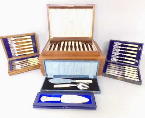 Five canteens of silver plated cutlery together with a further Aynsley porcelain handled cake knife and a further cased fish 