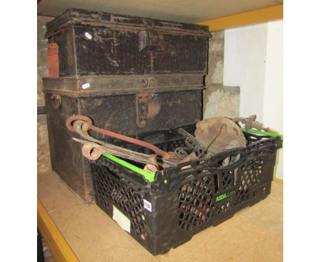 A box of antique and later ironwork fittings, door furniture, wall lights, together with a small probably military related ja