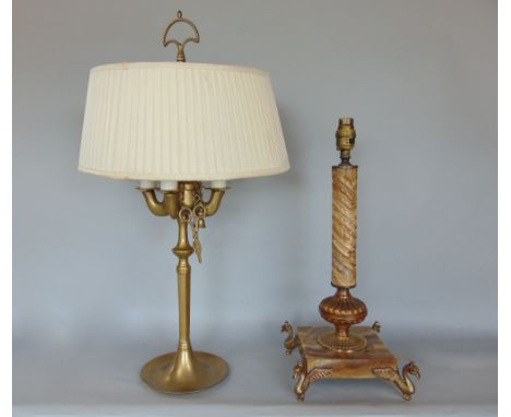 Barley twist, marble and gilt cast metal classical column table lamp upon four griffin feet, 40cm high, together with a furth