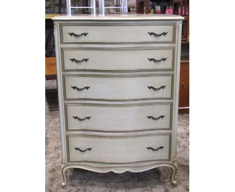 A reproduction light green painted bedroom chest, the serpentine moulded front fitted with five long graduated drawers, raise