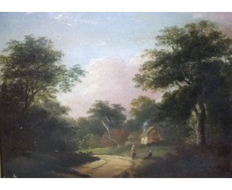 19th century British school - Landscape with figures and cottage, oil on panel, unsigned but with initials H G verso, dated 1