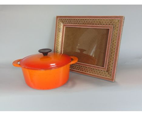 Indian Vizagapatam easel frame, 27 x 34cm, together with a Le Crueset burnt orange lidded Dutch oven (2)