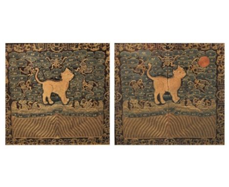 Pair of Chinese mid-19th century rank badges both depicting a lion (symbol of 2nd military rank) walking on mountains above w