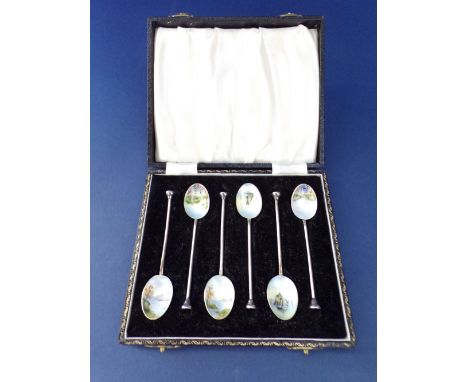 Good silver and enamel coffee spoons, the bowls with landscape scenes and knop ends, cased, maker Henry Clifford Davison, Bir