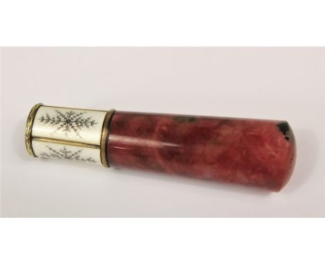 Russian gold-set hardstone and enamel parasol handle of tapering form, carved of rhodonite with enamel collar, struck with wo