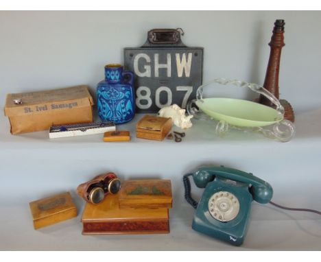 A box of interesting items to include GPO telephone, carved wooden light house lamp, various treen wares and others