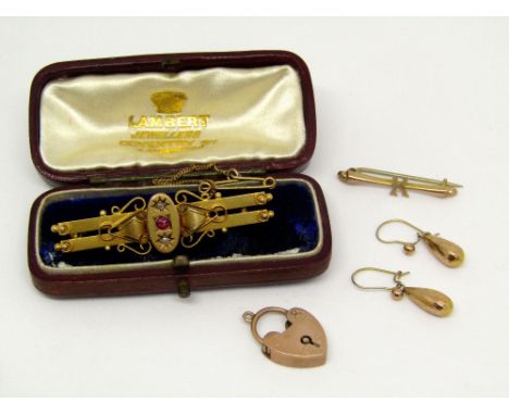 Mixed group of Victorian 9ct items comprising a ruby and diamond sweetheart brooch contained in a period case (c clasp unatta