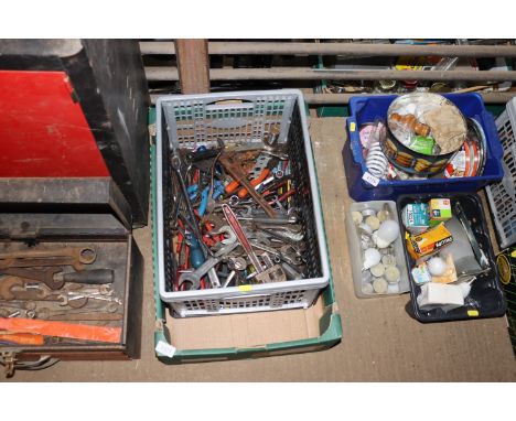 A crate containing various tools to include spanners, pipe wrench, screwdrivers, socket ratchet etc. 