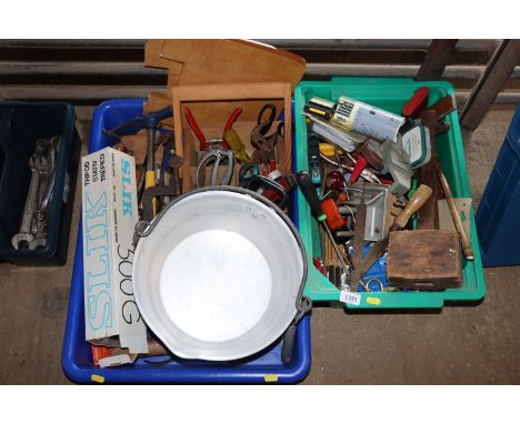 Two plastic boxes and contents of various items to include hand tools, cooking pot with swing handle, metal clamp, wooden mal