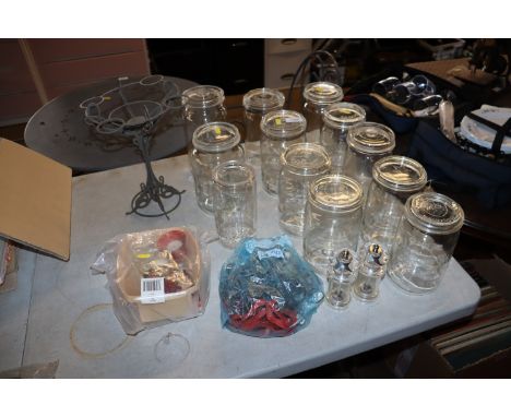 A quantity of Rillenglas glass storage jars, salt and pepper grinder etc.