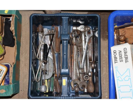 A plastic Wham twin compartment carrying basket and contents of tools to include various spanners, various mechanics tool etc