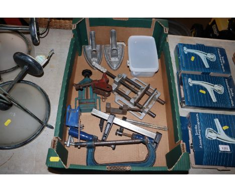 A box containing various clamps to include G-clamp, drill vice, two silver painted cast iron irons, a quantity of screws etc.