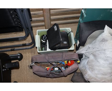 Two boxes containing various items to include hand tools, spanners, staple gun, a Ring Automotive 12v air pump in fitted carr