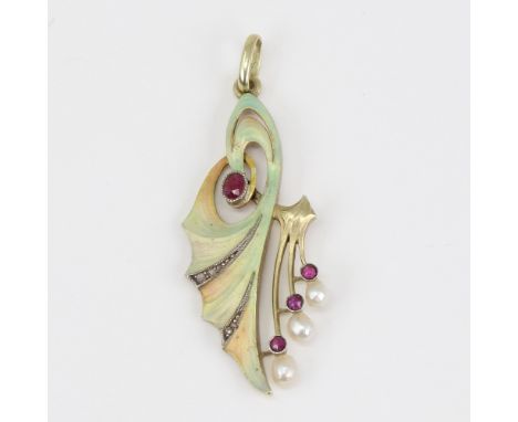 An Art Nouveau Continental 14ct gold ombre enamel ruby pearl and diamond floral pendant, openwork design, set with oval and r