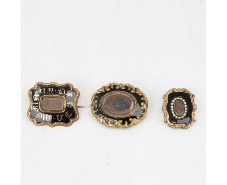 3 Victorian black enamel mourning brooches, unmarked yellow metal settings with central hair panels, largest length 37.3mm, 2