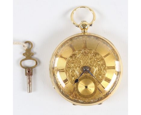 A 19th century 18ct gold cased open-face keywind pocket watch, by Peter Cattaneo of Croydon, engine-turned and engraved dial 