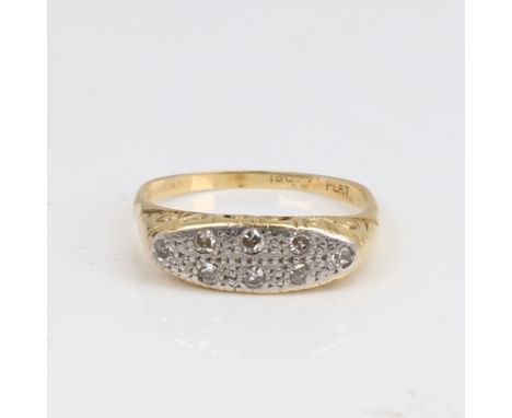 An Antique 18ct gold diamond half hoop ring, platinum tops set with eight-cut diamonds and engraved scrollwork bridge, total 