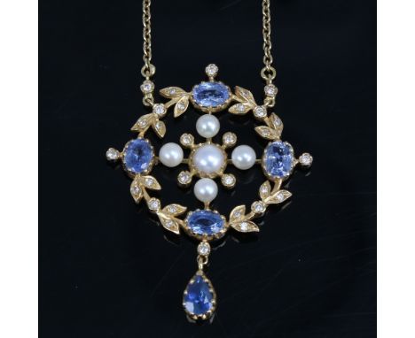A late 20th century 18ct gold sapphire pearl and diamond floral pendant necklace set with whole and split-pearls, oval and pe
