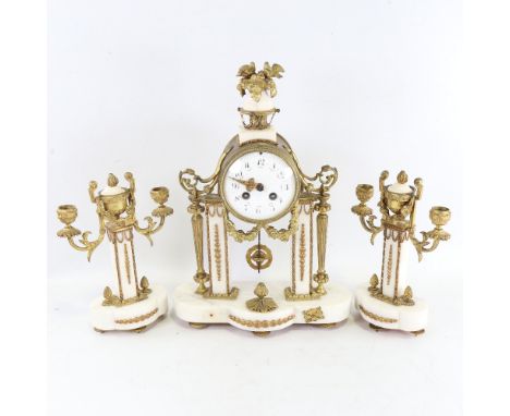 A 19th century French white marble and brass-cased 3-piece 8-day drum mantel clock garniture, floral painted white enamel dia