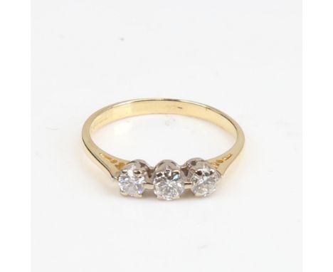 An 18ct gold 3-stone diamond ring set with modern round brilliant-cut diamonds, total diamond content approx 0.5ct, setting h