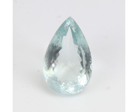 A 67.51ct unmounted pear-cut aquamarine, dimensions: 34.14mm x 21.41mm x 15.32mm, 13.52g, with IGITL and GJEPC CertificatesNo