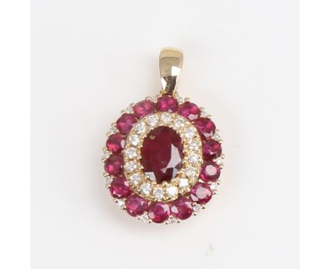 A modern 14ct gold ruby and diamond cluster pendant, set with oval mixed and round-cut rubies with round brilliant-cut diamon