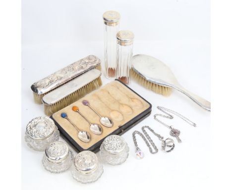 Various silver, including dressing table brushes, silver-topped jars, coffee spoons etcLot sold as seen unless specific item(