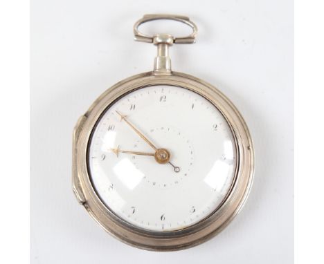 An 18th century silver pair-cased open-face keywind Verge pocket watch, white enamel dial with Arabic numerals, central subsi