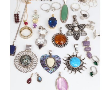 Various silver and stone set jewellery, including brooches, pendants, rings, necklaces etc, 242g grossLot sold as seen unless