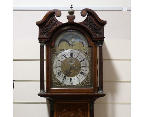 A 19th century mahogany and satinwood inlaid 8-day chiming longcase clock, dial signed John Hallifax of London, brass cherub 