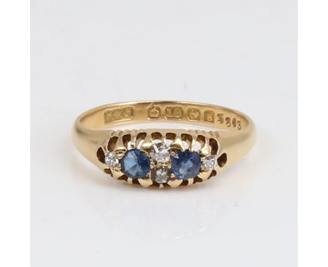 An early 20th century 18ct gold 6-stone sapphire and diamond half hoop ring, set with old European-cut sapphires and diamonds