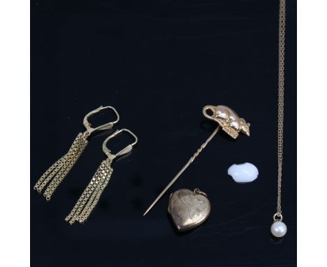 Various jewellery, including 14ct box link tassel earrings, 4.4g, 9ct trace link chain and stickpin, 2.6g, unmounted cabochon