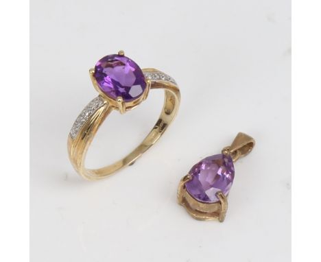 A modern 9ct gold amethyst and diamond dress ring and matching pendant, ring size P, pendant height excluding bale 13.7mm, 4g