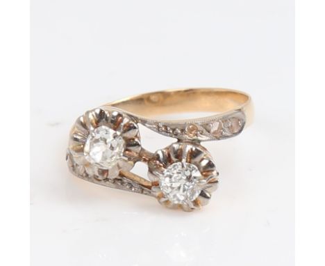 An Antique unmarked gold diamond crossover ring, set with old and rose-cut diamonds, total diamond content approx 0.6ct, sett