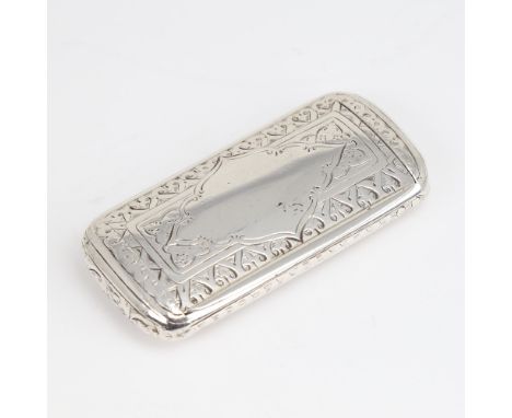 A Victorian silver snuffbox, rectangular cushion form with bright-cut engraved decoration and gilt interior, by George Unite,