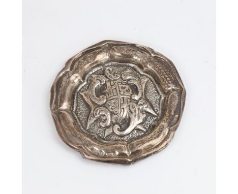 A small Maltese silver pin dish, with relief embossed coat of arms, diameter 9cm, 1.1ozRim is very dented otherwise only ligh