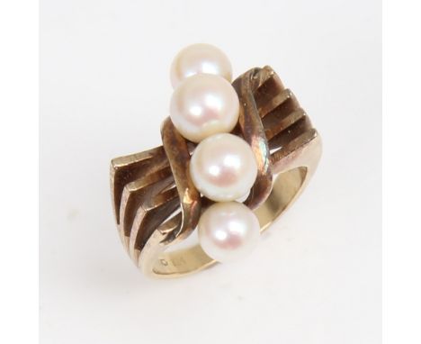 MIKIMOTO - an Art Deco style 14ct gold pearl dress ring, openwork stylised shoulders, setting height 20.1mm, size K, 7.8gVery