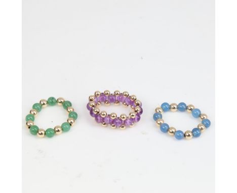 3 unmarked 14ct gold gem set expanding rings, gemstones include amethyst, 4.4g total (3)No damage or repair, settings lightly