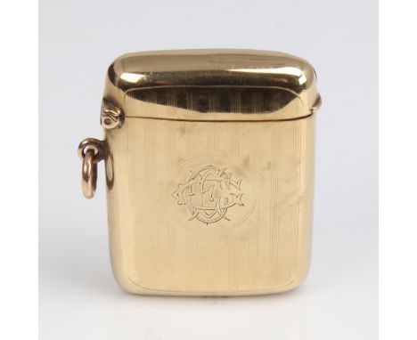 An early 20th century 9ct gold Vesta case, engine turned decoration with cartouche, by Horace Woodward & Co Ltd, hallmarks Bi