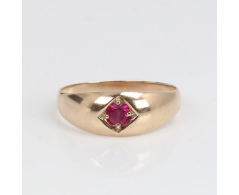 A modern Continental 14ct gold synthetic ruby gypsy ring, setting height 7.5mm, setting height 7.5mm, size O, 3.1gNo damage o